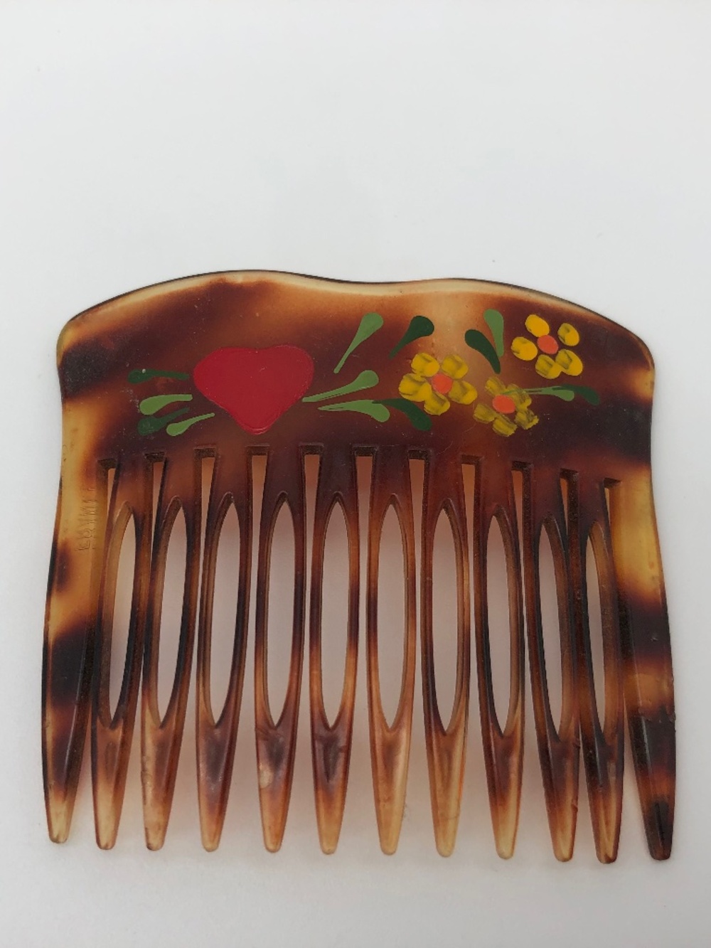 Vintage Faux Tortoise Shell Plastic Hair Comb Flower Detail Made in France